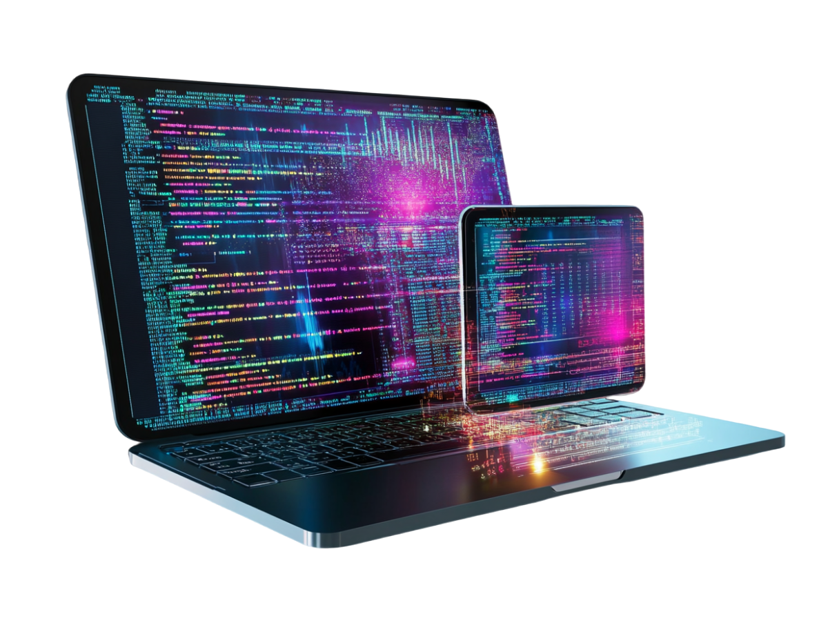 Laptop and mobile phone with data layers on their screens