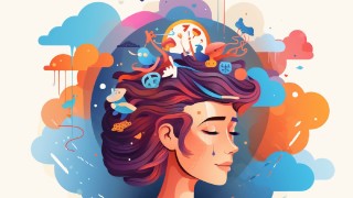 drawing of a laptop, mobile devices and brain in a lady's head
